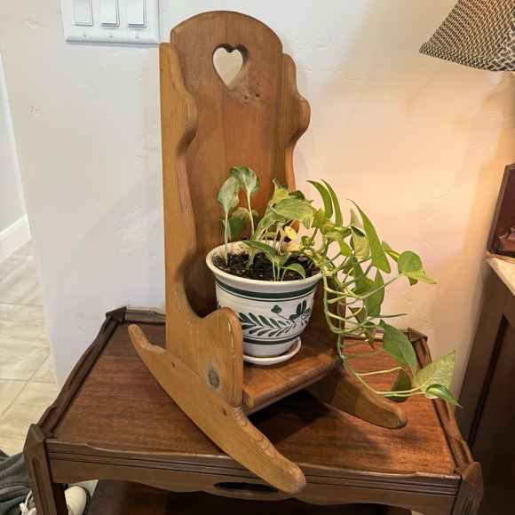 The Unbranded Brand Other - Vintage Handmade Wood Doll Rocking Chair Plant Stand Heart Cutout Cottagecore